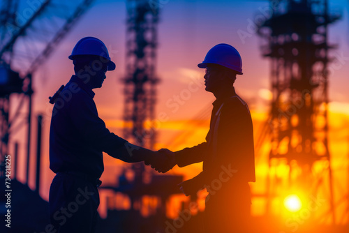 Teamwork at the Construction Site: Silhouette Handshake