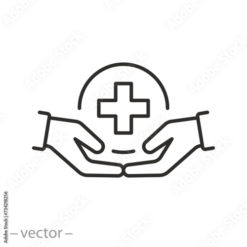 hands holding medical cross icon, provision of first aid, medical care, thin line symbol on white background - editable stroke vector illustration