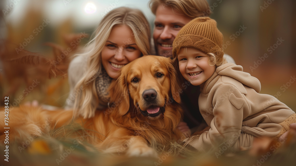Cheerful happy family having fun with golden retriever outdoors. Cheerful happy family having fun with golden retriever outdoors.