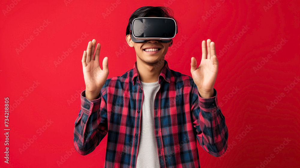 young man using vr glasses, virtual reality headset. VR, future, gadgets, technology concept. Modern technologies for entertainment. young man using vr glasses, virtual reality headset. VR, future, gadgets, technology concept. Modern technologies for entertainment.