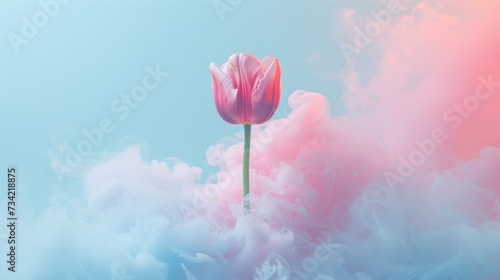  a single pink tulip in the middle of a cloud of pink and white smoke on a blue and pink background with a pink and blue sky in the background.