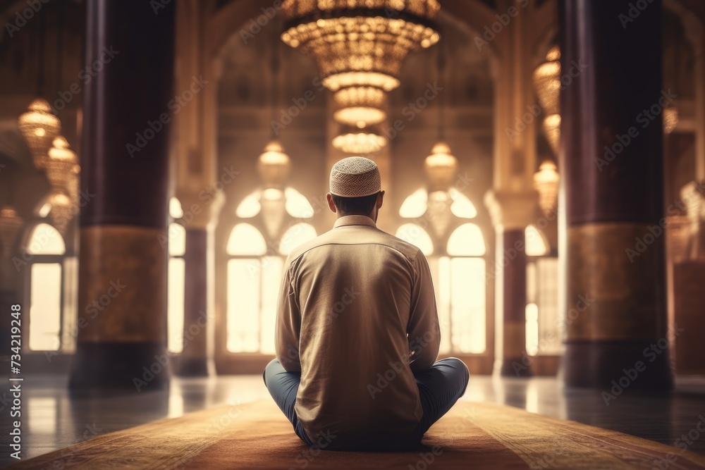 Prayer Islam and worship with men in the mosque for Allah ,Religious Muslim man praying inside the mosque, Ai generated Prayer Islam and worship with men in the mosque for Allah ,Religious Muslim man praying inside the mosque, Ai generated