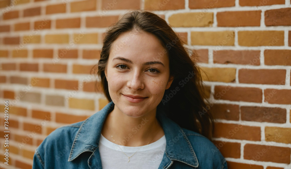 Positive young lady in top and jacket smiling and standing near brick wall and looking at camera on sunny day Positive young lady in top and jacket smiling and standing near brick wall and looking at camera on sunny day