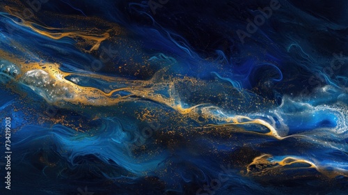  a painting of a blue and yellow swirl with yellow streaks on the bottom of the image and on the bottom of the image is a blue and gold swirl on the bottom of the bottom of the image.