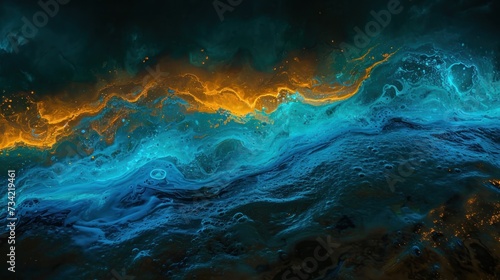  a painting of blue and yellow waves on a black background with a yellow light coming from the top of the wave and the bottom of the wave to the bottom of the picture.