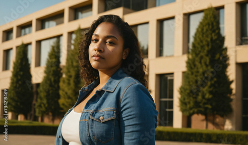 Portrait confident african american curvy lady wearing jeans top and standing against contemporary building in street and looking away on sunny day © EliteLensCraft