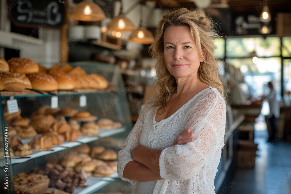 45-Year-Old Woman Celebrating Success at Artisanal Bakery