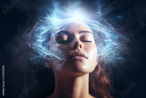 Portrait of a woman doing energy therapy session with abstract blue energy power flowing around her head. photo