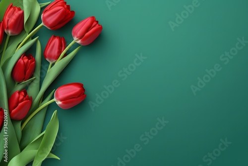 Banner with bouquet of red tulips on the green background. 