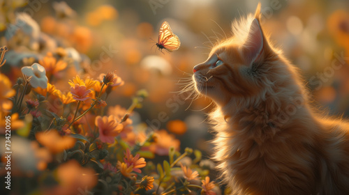 cute furry friends Cat chasing butterflies In the sunny summer garden