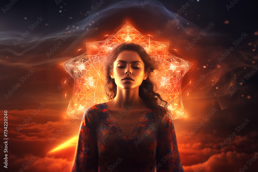Woman standing eyes closed in a meditative or spiritual state. Surreal backdrop, ethereal light. Transcendence, inner peace and cosmic energy concept. Woman standing eyes closed in a meditative or spiritual state. Surreal backdrop, ethereal light. Transcendence, inner peace and cosmic energy concept.