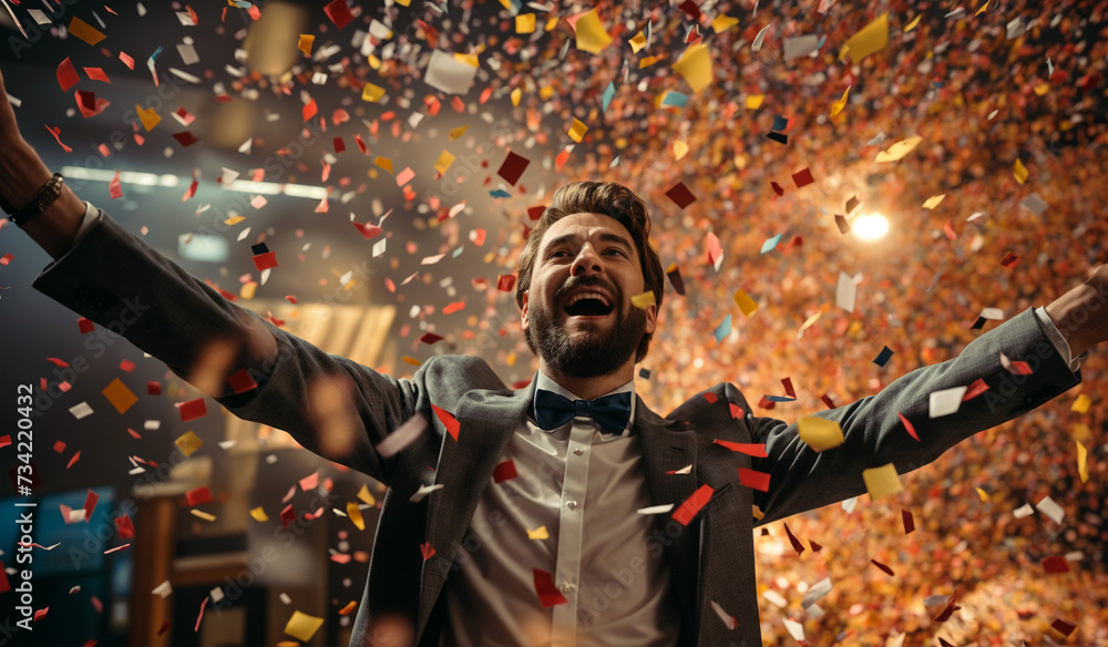 Obraz premium A man wearing a suit and bow tie is standing with his arms raised, surrounded by falling confetti