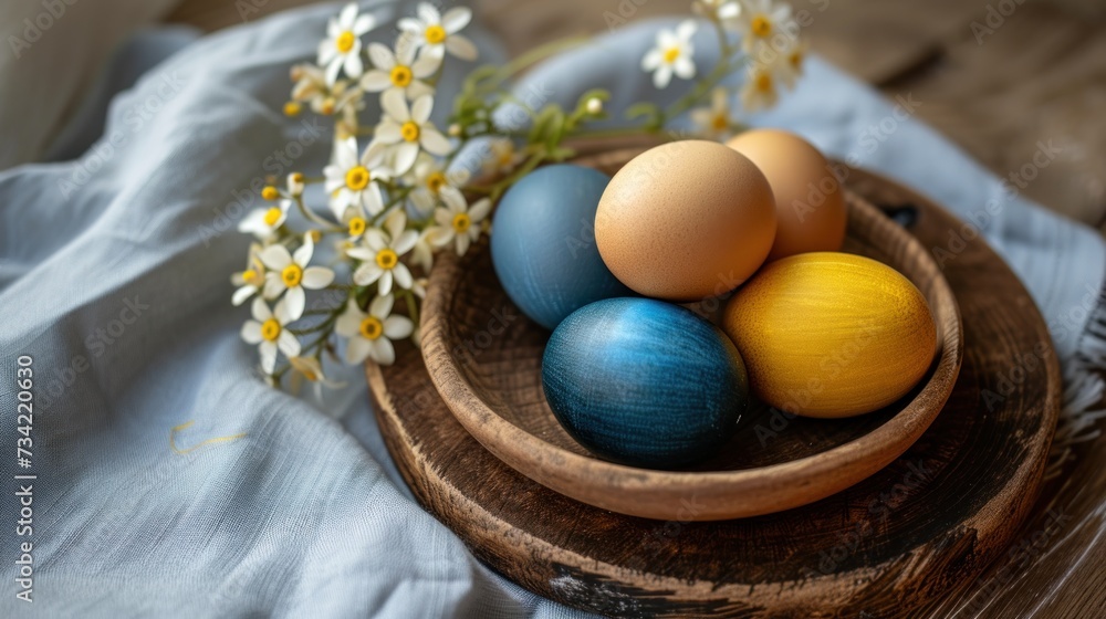 a wooden bowl filled with three eggs on top of a wooden table next to a bouquet of daisies and a blue and yellow egg on a wooden plate on a white cloth. a wooden bowl filled with three eggs on top of a wooden table next to a bouquet of daisies and a blue and yellow egg on a wooden plate on a white cloth.