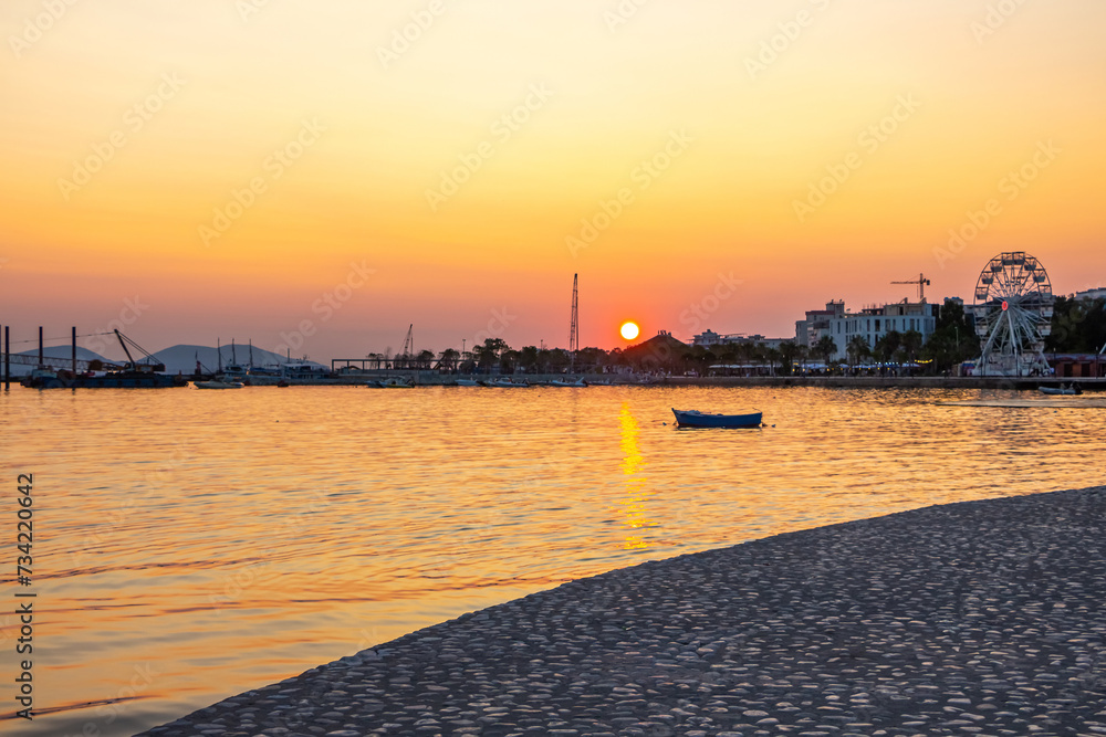 Picturesque landscape with sea bay in the evening during sunset