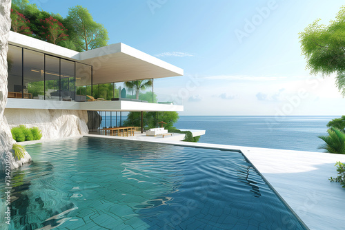 Stylish summer exterior concept with modern villa  pool and sea view. Generative AI