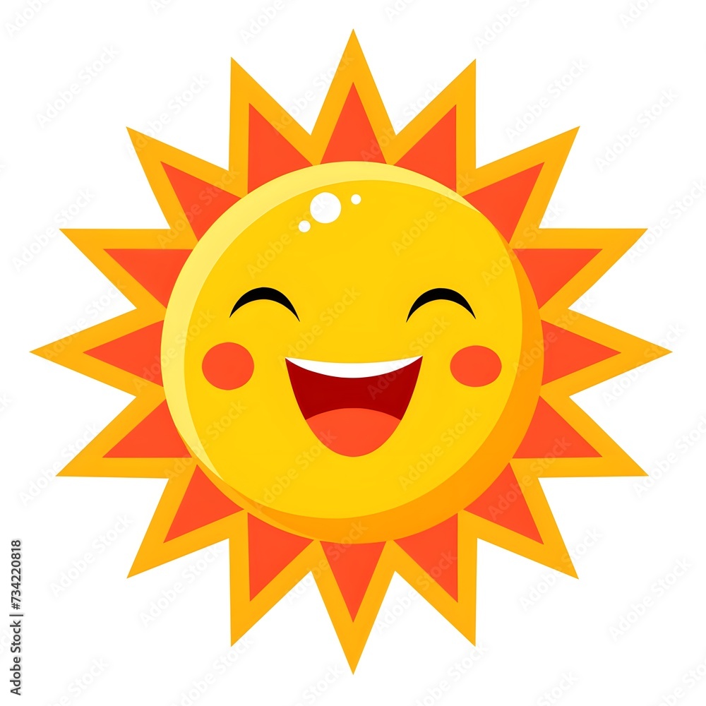 Cheerful illustration of a radiant, smiling sun with closed eyes and red cheeks
