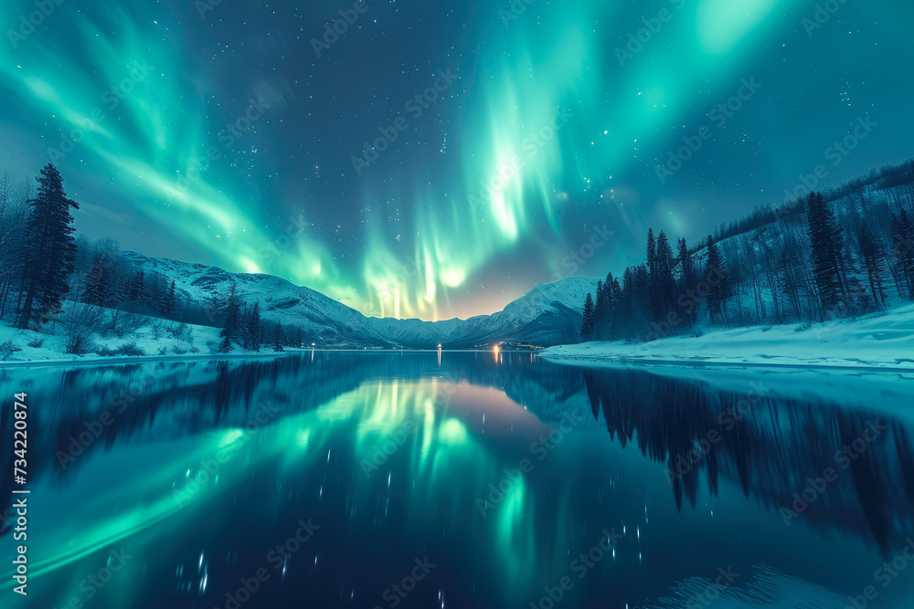 Celestial Dance: Aurora Symphony by the Lake
