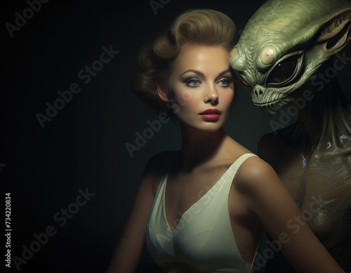 A woman with an alien. Generative AI.