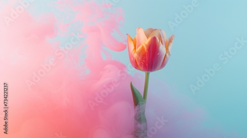  a pink and orange tulip in a vase on a blue and pink background with a spray of water on the bottom of the vase and a pink and blue background.