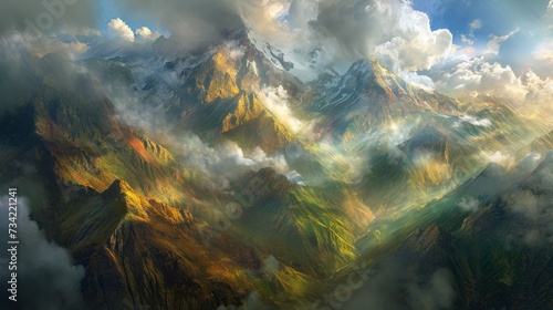  an aerial view of a mountain range with clouds in the foreground and a bird s eye view of the top of the mountain range in the foreground.