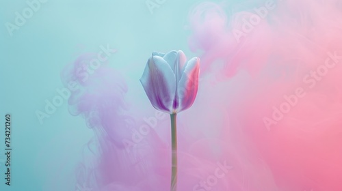  a single pink and blue tulip in front of a blue, pink, and pink cloud of smoke on a blue, pink, pink, pink, and white background.