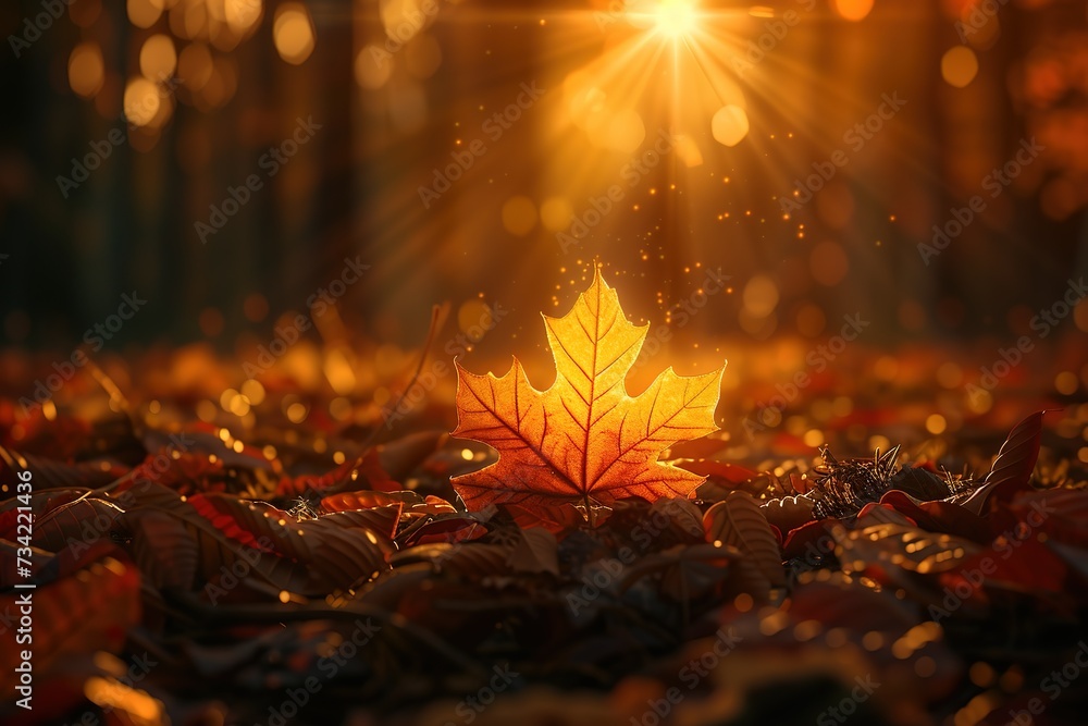 a maple leaf is standing on the ground - obrazy, fototapety, plakaty 