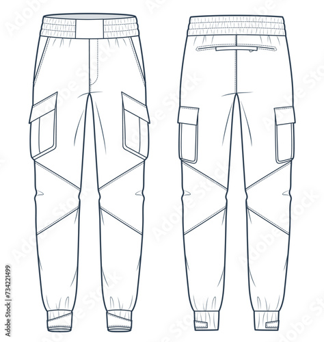 Cargo Pants fashion flat technical drawing template. Jogger Pants technical fashion Illustration, side pockets, elastic waistband and cuffs, front, back view, white, women, men, unisex CAD mockup set.
