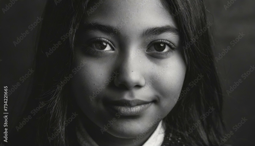 Close-up black and white portrait of a girl from the front with captivating look Close-up black and white portrait of a girl from the front with captivating look