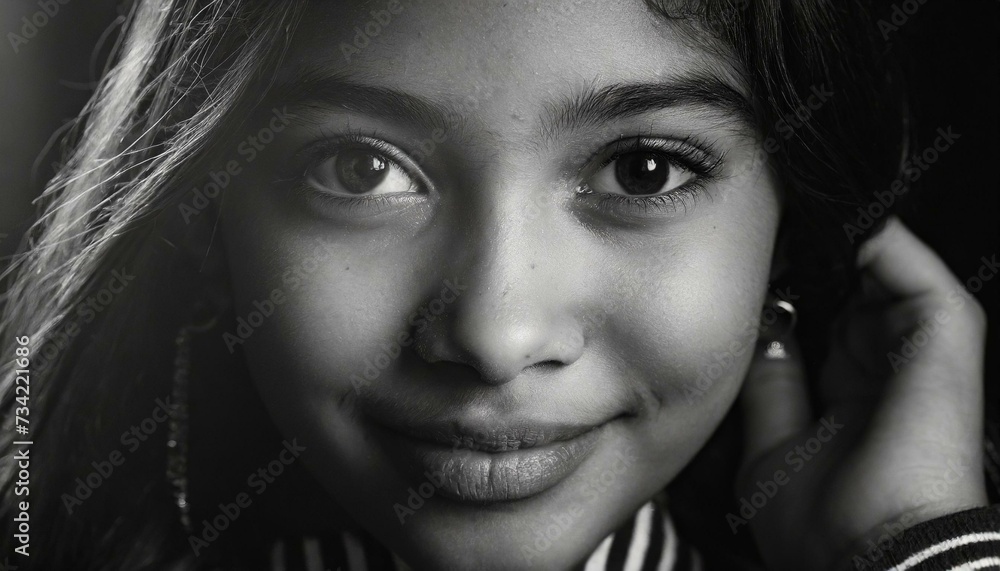 Close-up black and white portrait of a girl from the front with captivating look Close-up black and white portrait of a girl from the front with captivating look