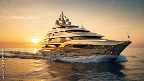 A luxury mega yacht with golden glass in the ocean at a sunset © LIFE LINE