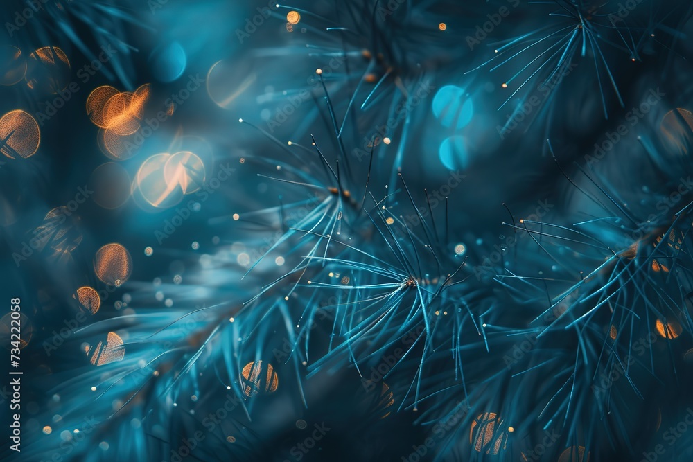 Fototapeta premium a close-up of a pine tree with blue and gold lights, blue fiber
