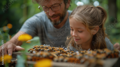 Father and daughter make an insect hotel or insect house in the garden. Little girl learns about garden insects.