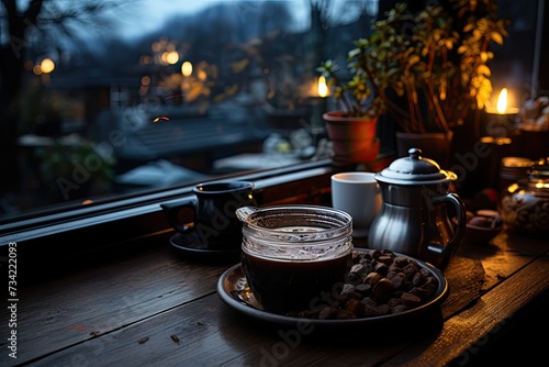 Cozy scene hot chocolate on cold night.  generative IA