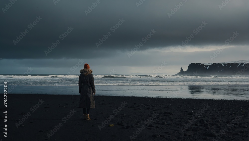 A woman posing on the black beach in Iceland