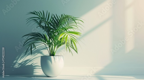  a potted plant in a white planter on a white floor in a white room with a light coming through the window and a shadow cast on the wall. © Olga