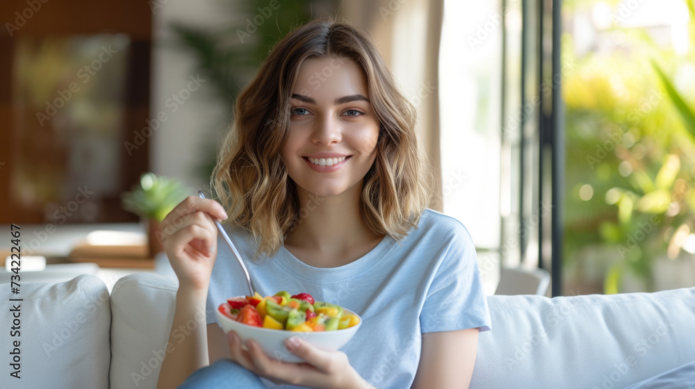 A cheerful woman sitting on a sofa, eating a fresh and colorful salad from a bowl, looking happy and healthy.