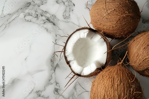 coconut with a half-open on a white marble background