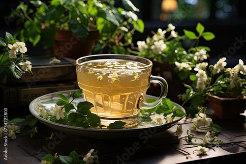 Jasmine tea in glass cup floral serenity., generative IA