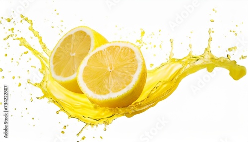 lemons in yellow juice splash isolated on a white background