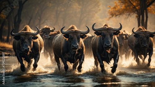 african buffalos running through the water