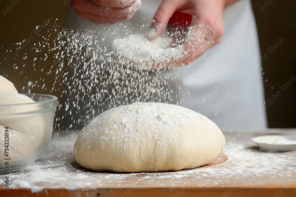 Baking process: flouring dough before shaping Baking process: flouring dough before shaping