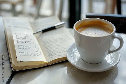 notebook with coffee on white table