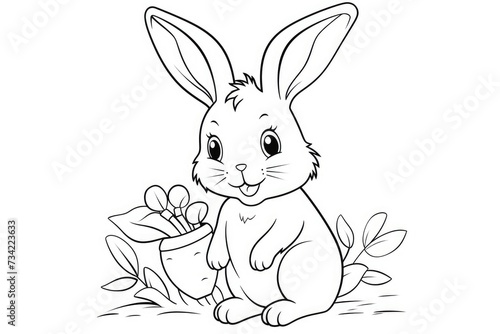 Coloring page outline of cartoon cute bunny or rabbit with carrot. Coloring book for kids.