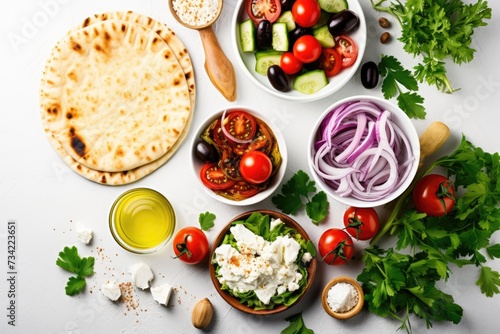 Greek food background. Meze, gyros, souvlaki, fish, pita, greek salad, tzatziki, assortment of feta, olives and vegetables. Traditional different greek dishes set.