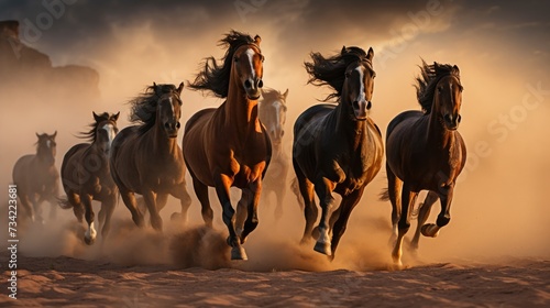 Group of horses running gallop in the desert. photo