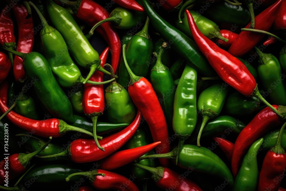 Red and green hot chilli peppers.