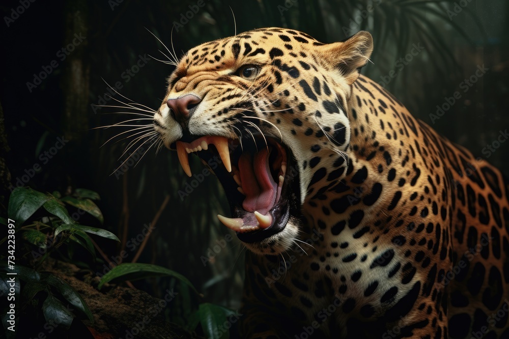 Obraz premium Roaring jaguar in the rainforest