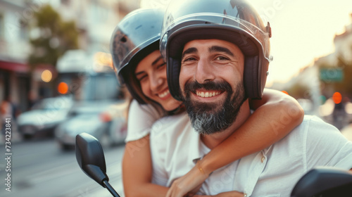 A smiling couple on a motorcycle in an urban setting, both wearing helmets, sharing an affectionate embrace. photo