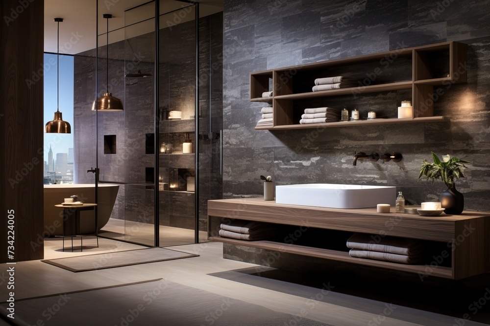 Bathroom with smooth surfaces and minimal design details, embodying a sense of streamlined elegance Bathroom with smooth surfaces and minimal design details, embodying a sense of streamlined elegance