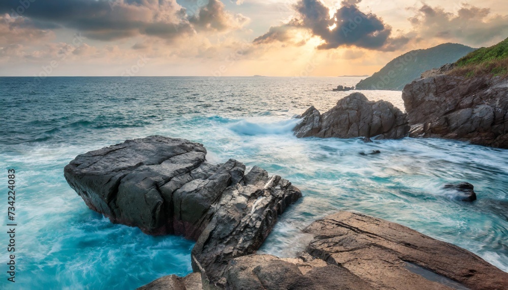 fantastic big rocks and ocean waves at sundown time dramatic